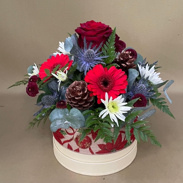 Woodland Christmas hat box arrangement