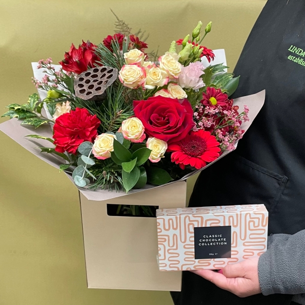 Woodland hand tied bouquet bundle with classic chocolates